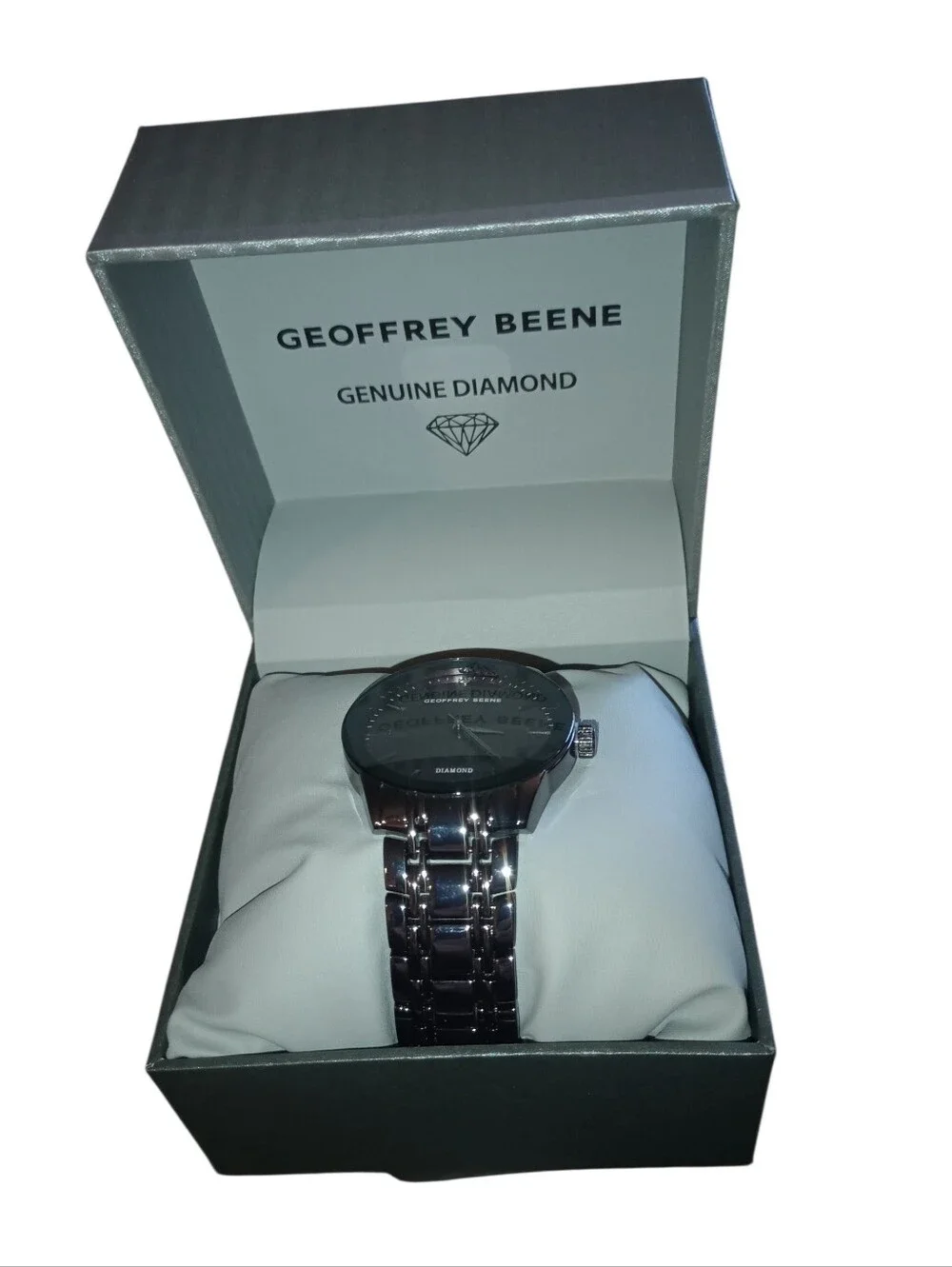 Geoffrey Beene Men's Black Bracelet Watch with Dark Dial, Genuine Diamond, NWT